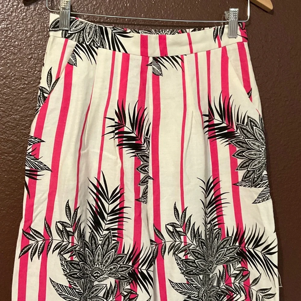 High-Rise Wide Leg Tropical Stripe Pants in Pink/White - Picture 2 of 16